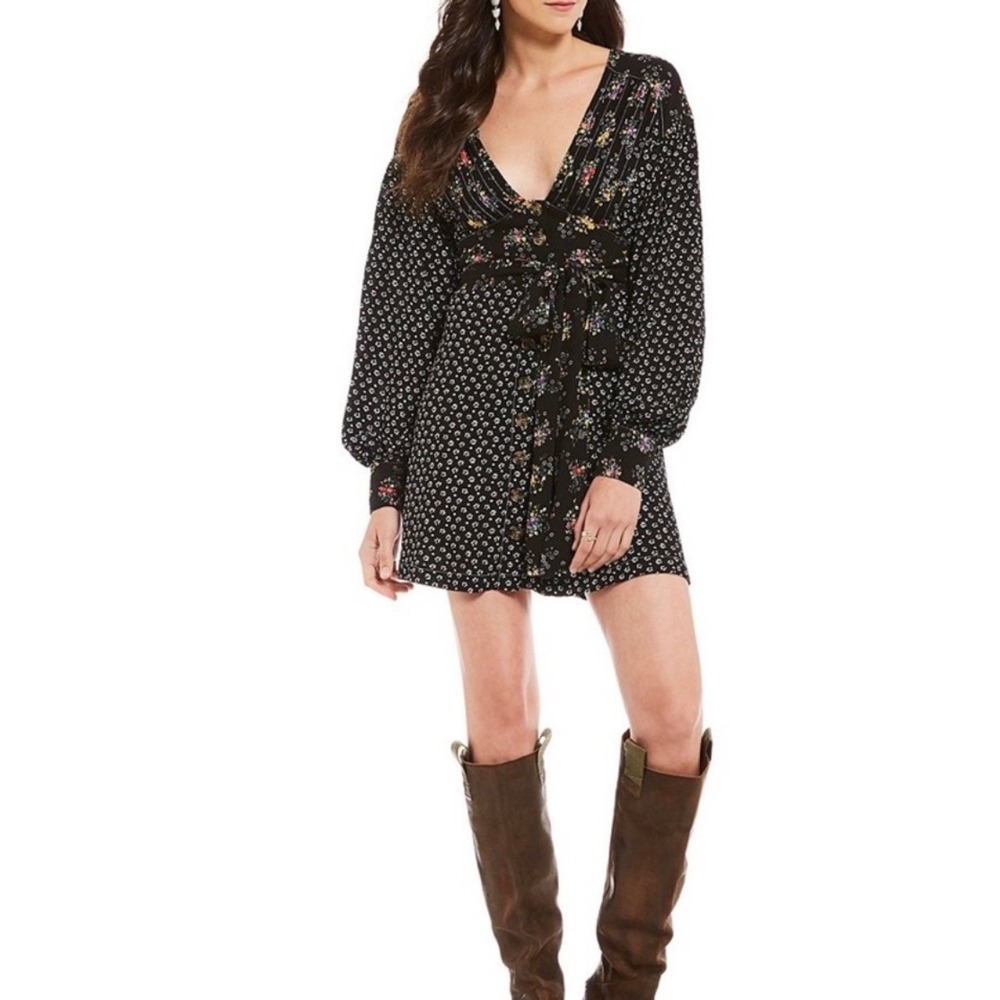 Free‎ People Mini Dress Womens XS Black Floral Mixed Print Boho